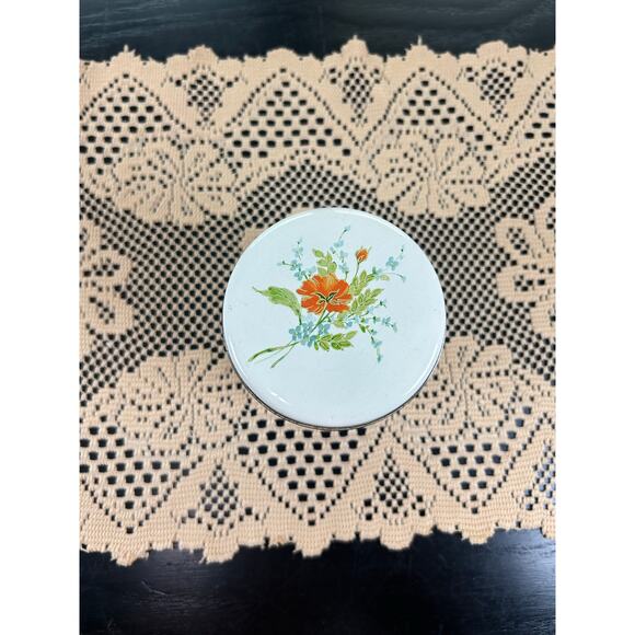 Vintage Decorative Tin- Cylinder- White Orange Blue Floral- 4x3.5" with lid - Picture 7 of 7